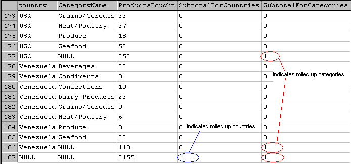 Sample results from the GROUPING query