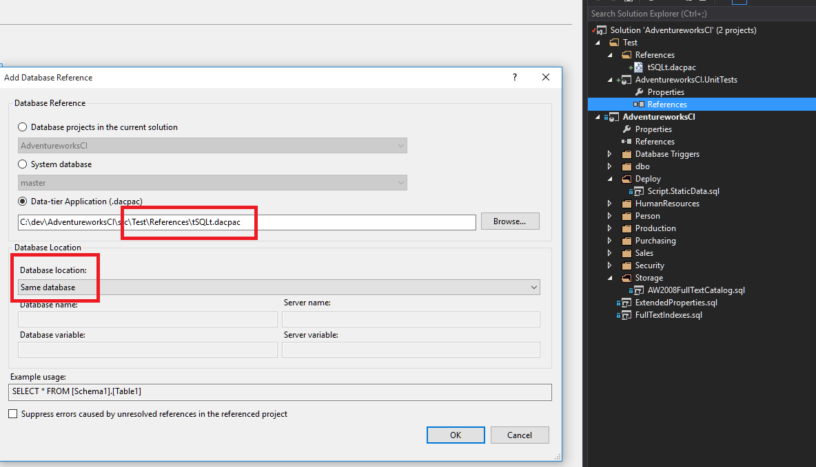 add db reference to tSQLt dacpac