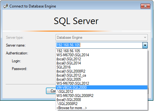 SSMS connection dialog with server to remove