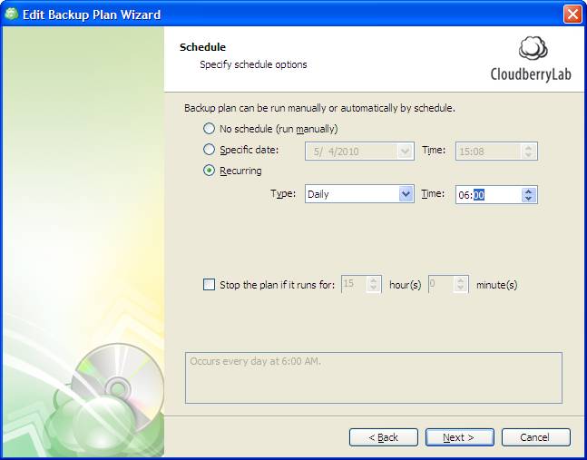 edit backup plan cloudberry server