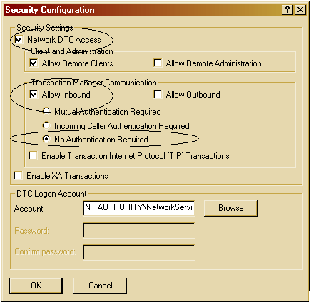 Image of the MSDTC settings dialog box