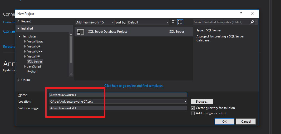 create new visual studio project