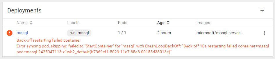 Kubernetes dashboard dead container