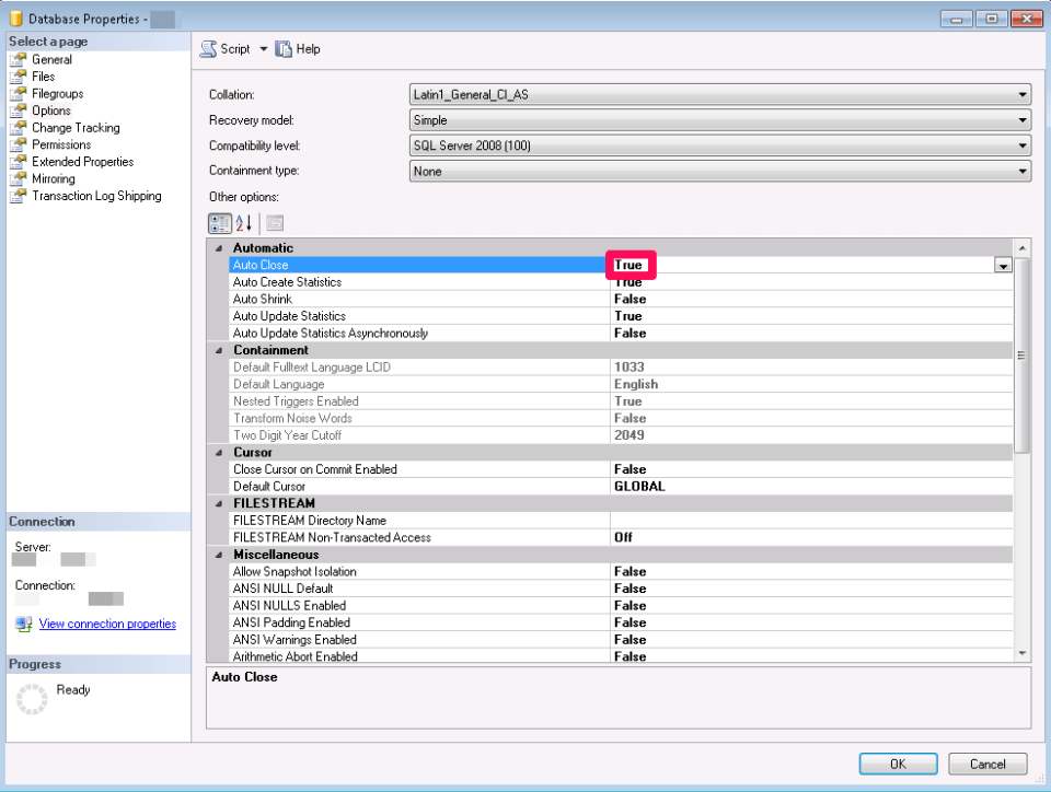 Auto close enabled on a database in SQL Server