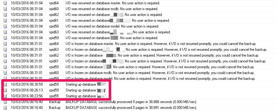 The SQL Server log showed starting up database