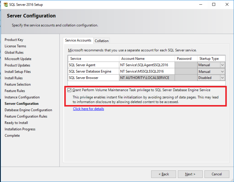 SQL2016 Perform Volume Maintenance
