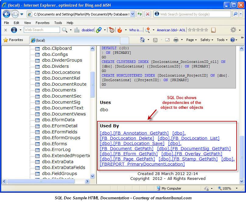 SQL Doc HTML Documentation Sample SQL Doc HTML Documentation