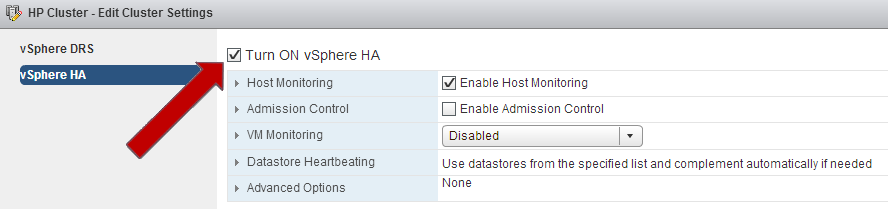 Turn on vSphere HA