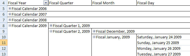 Figure 5. Attribute names in server date dimension fiscal calendar