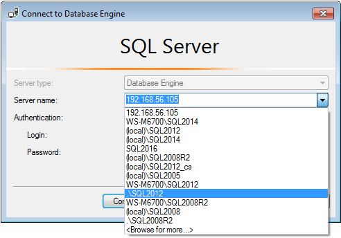 SSMS connection dialog with server removed