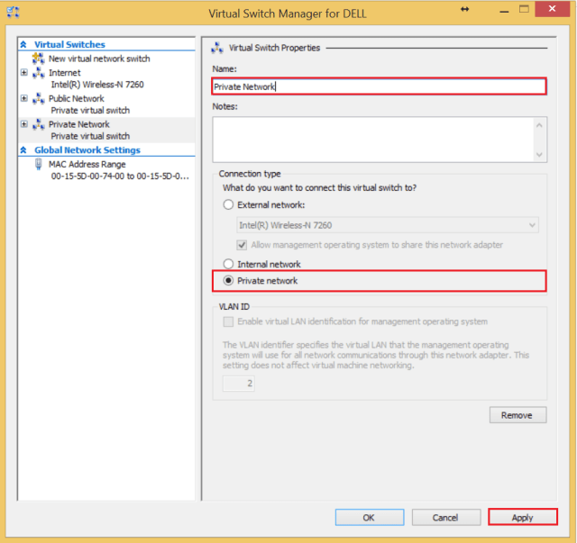 network switch to private Private V for Configure and Hyper Internal Networking