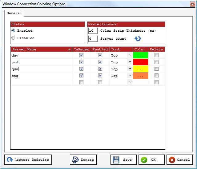 ConnectionColoringOptions SSMS Tools Pack Connection Coloring Options Window