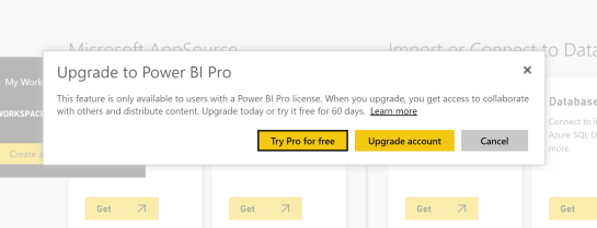 Power BI Free User Workspace 2 - Dialog