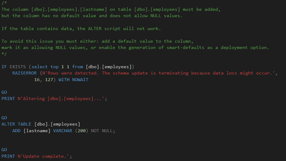 adding column with constraint and no default causes script to stop if data exists in the table