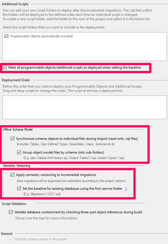 ReadyRoll project settings offline schema model