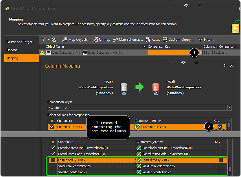 Choose the key column to compare against